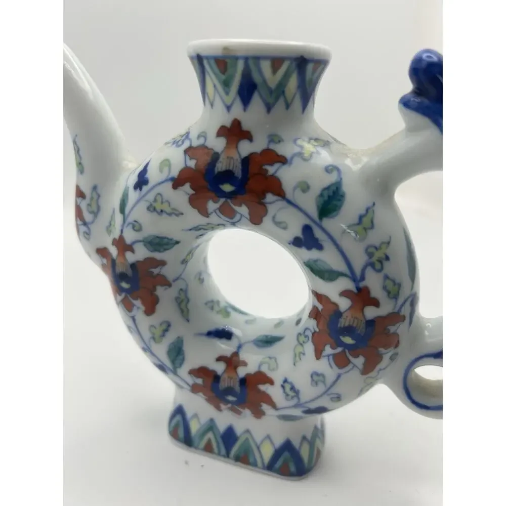 Lovely Vintage Chinese Blue White Porcelain Donut-Shaped Teapot.